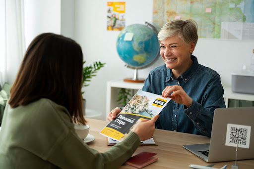 Tourist reviewing customized travel packages