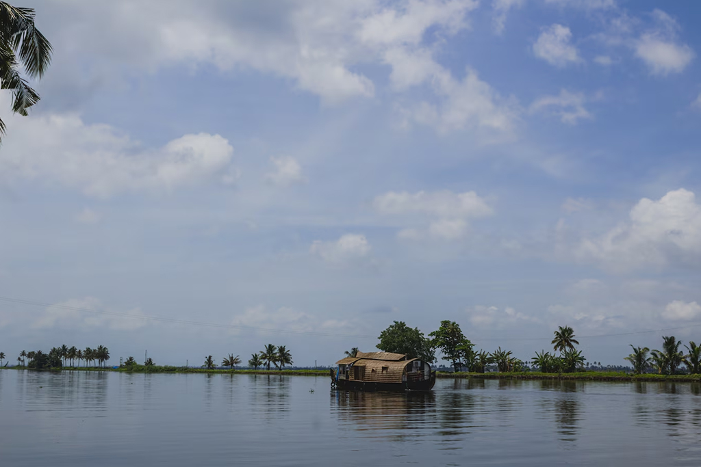 Houseboat cruising Kerala backwaters with coconut trees