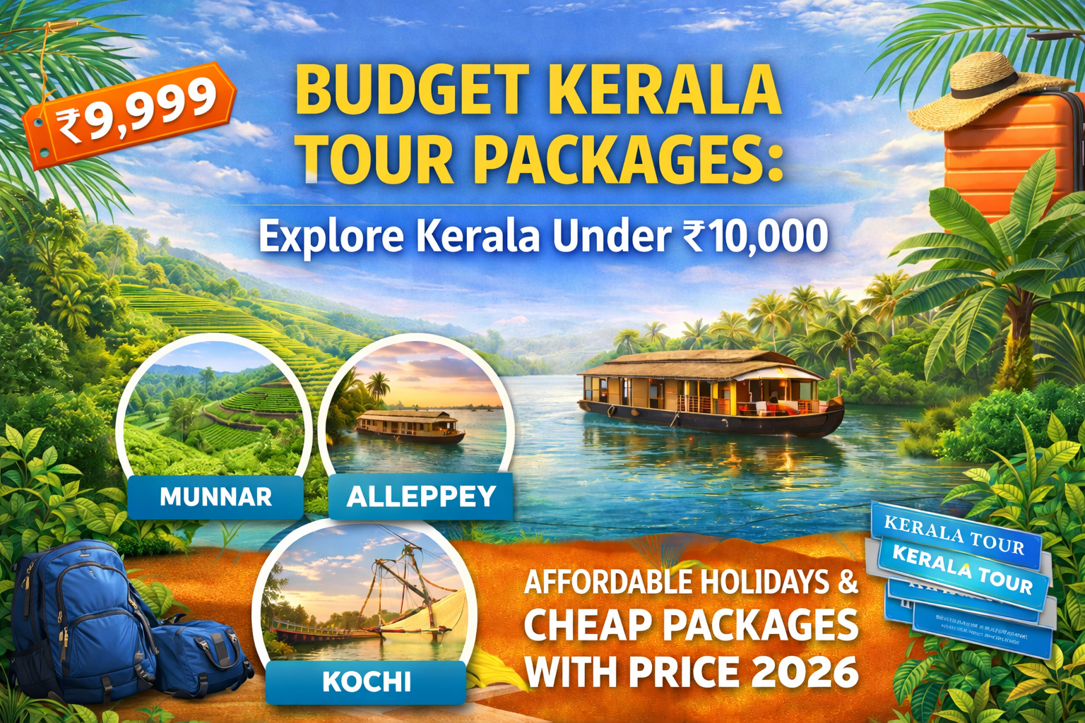 Budget Kerala tour packages banner showing Munnar tea plantations, Alleppey backwaters houseboat, and Kochi Chinese fishing nets for affordable Kerala travel.