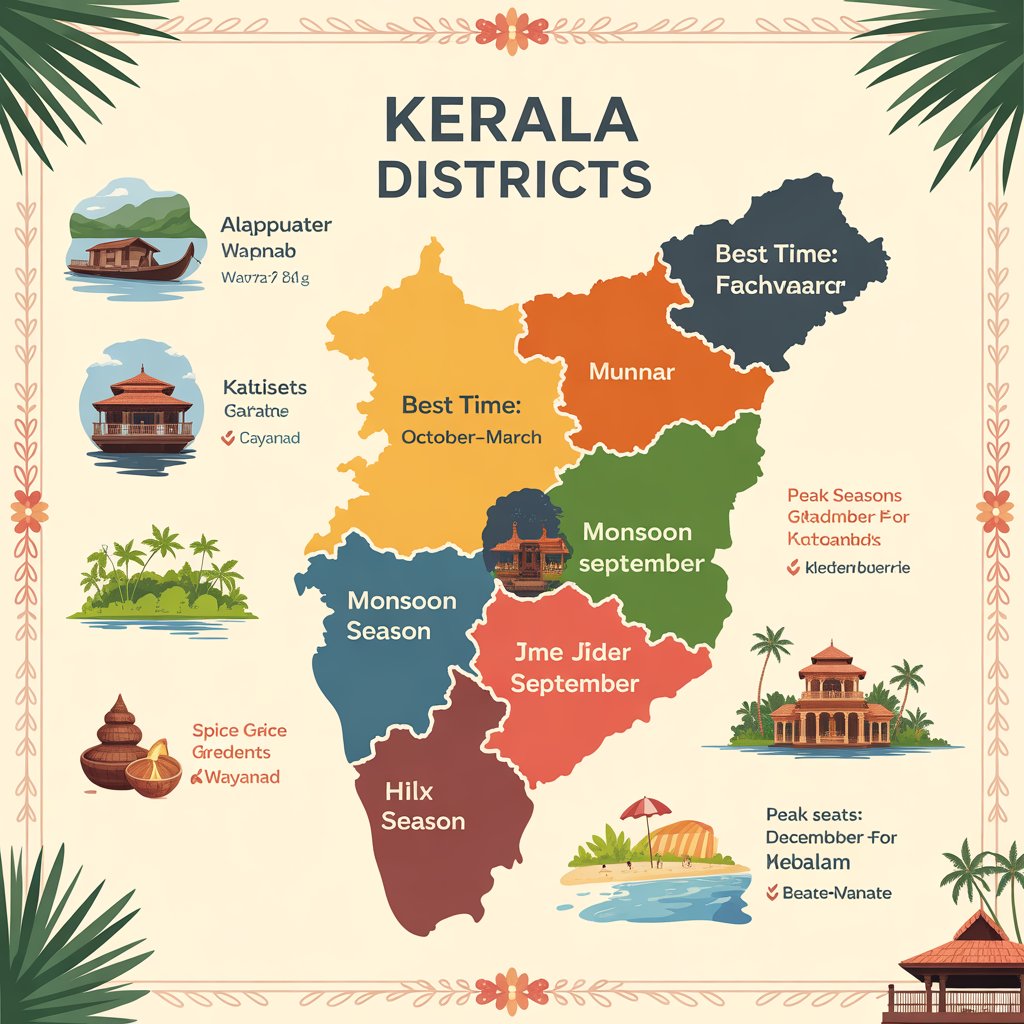 Kerala districts map with best travel seasons including Munnar, Wayanad, and monsoon highlights
