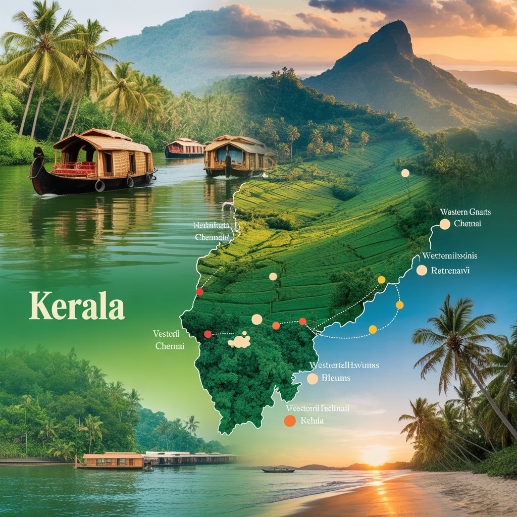 Kerala tour packages from Chennai showing travel routes and scenic destinations like Munnar Alleppey and Kochi