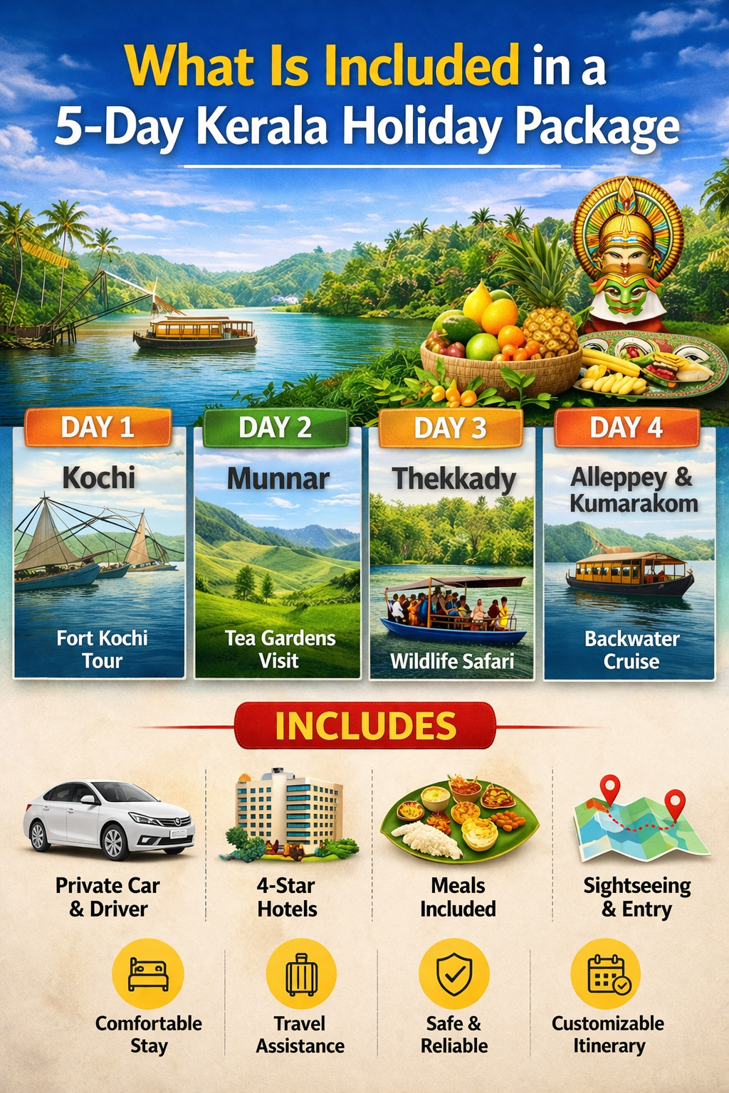 5-day Kerala holiday package itinerary with houseboat, hill station, and sightseeing experience
