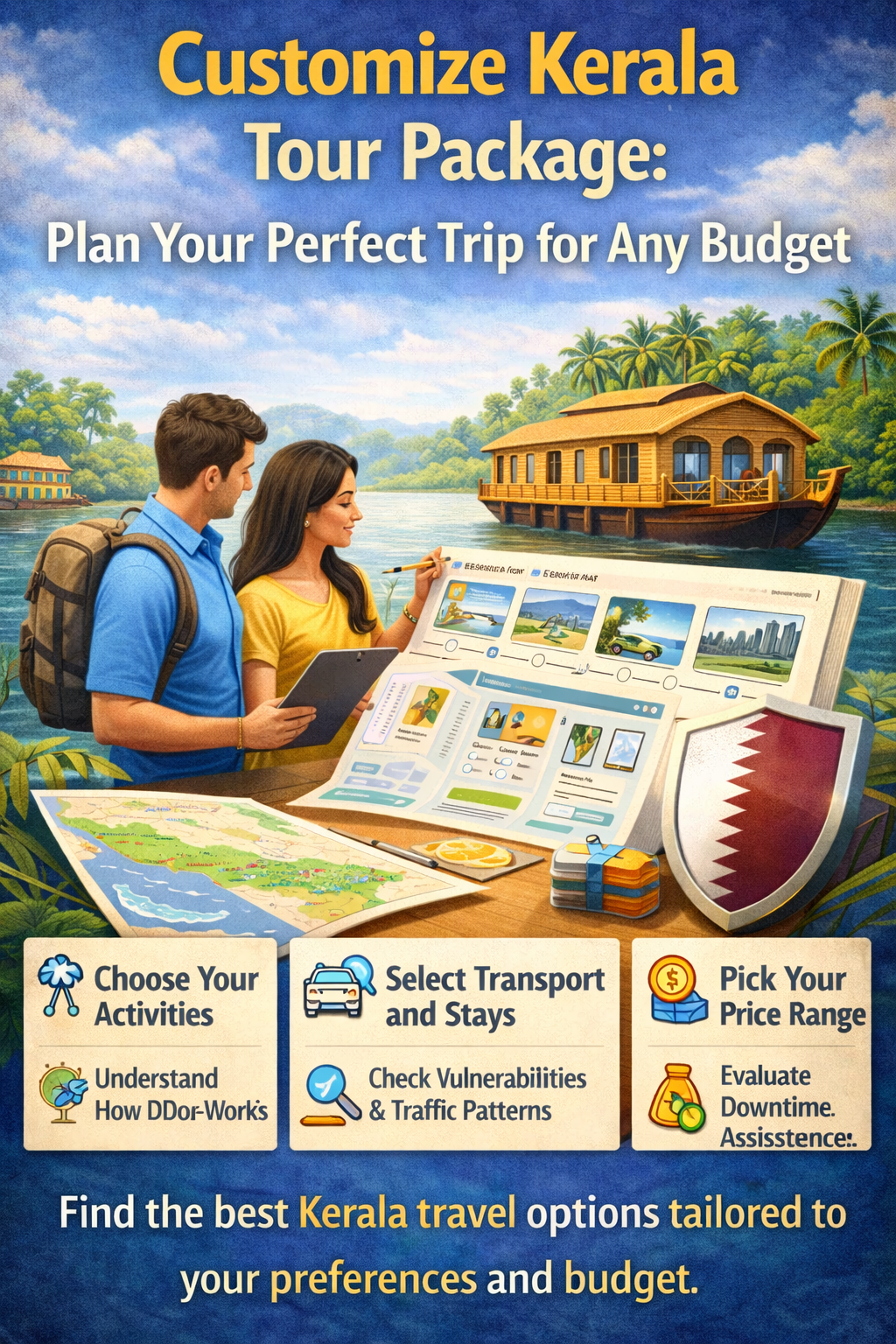 “Kerala houseboat on serene backwaters with customizable tour planning elements including maps, itinerary icons, and travel options for budget-friendly Kerala trips.