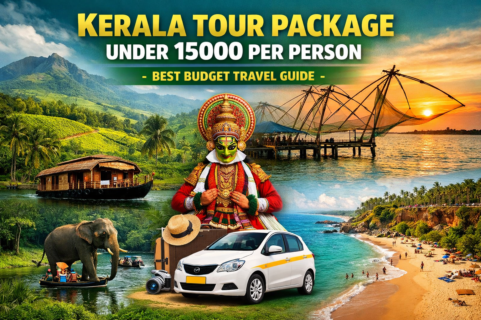 Kerala tour package under 15000 per person showing Munnar hills, Alleppey backwaters, beaches, and budget travel in Kerala