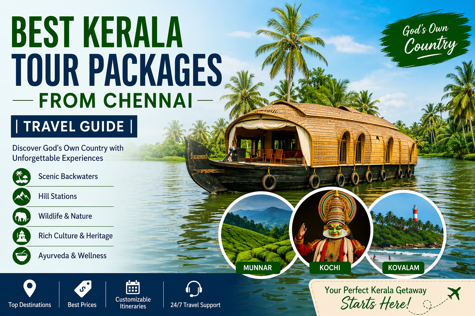 Best Kerala tour packages from Chennai travel guide showing backwaters, houseboat, Munnar hills, and Kerala scenic destinations