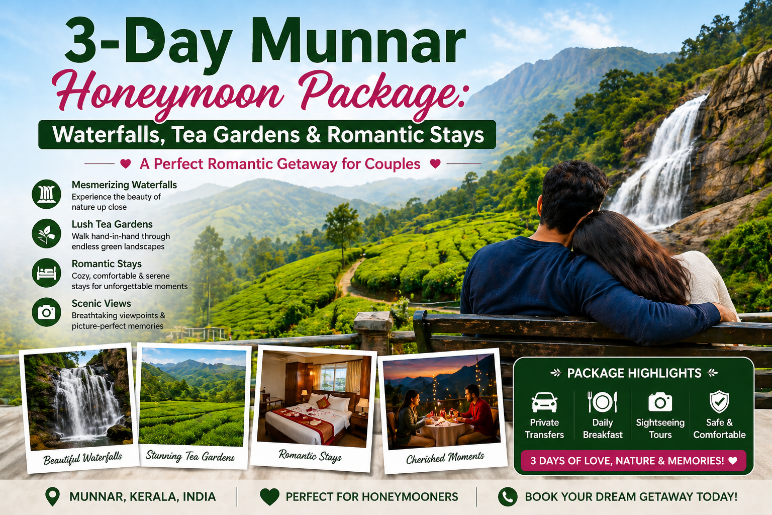 3-Day Munnar Honeymoon Package with waterfalls, tea gardens, and romantic stays in scenic hill station