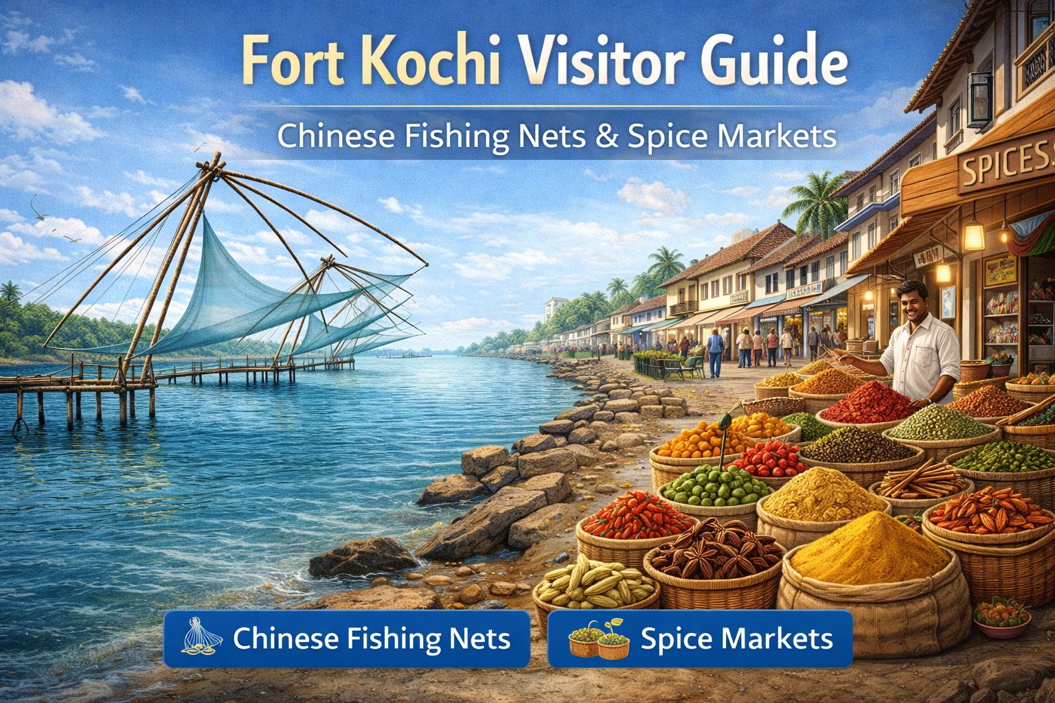 Fort Kochi visitor guide showing Chinese fishing nets and traditional spice markets in Kerala