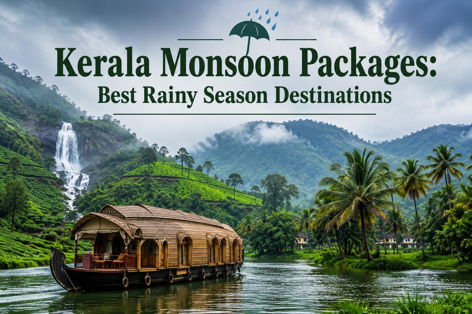 Kerala Monsoon Packages banner featuring misty hills, backwaters, waterfalls, and lush green rainy season landscapes in Kerala.