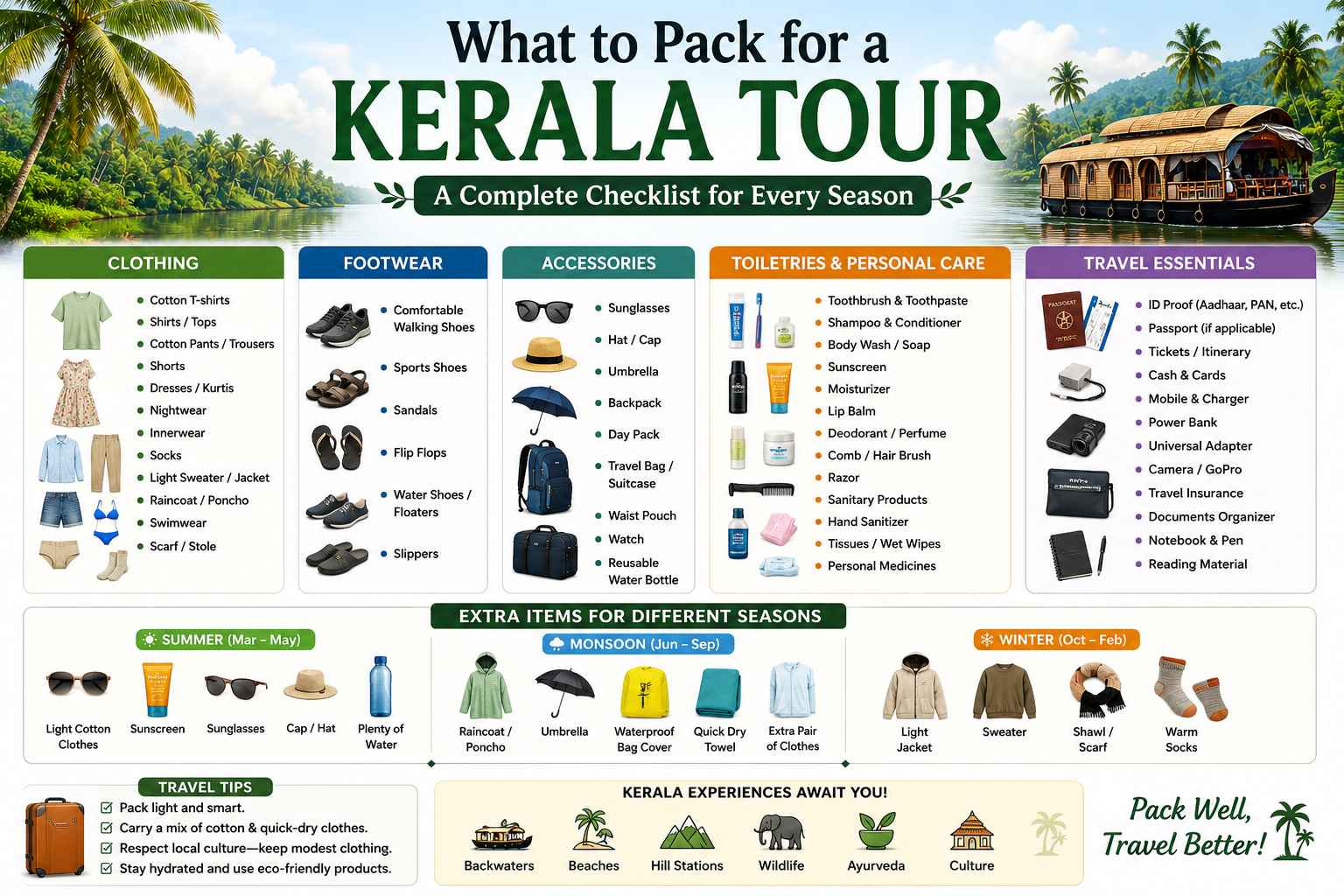 Travel essentials for Kerala tour including sunglasses, hats, beachwear, raincoat, backpack, tropical clothes, and travel accessories arranged beautifully with Kerala backwater and nature background.