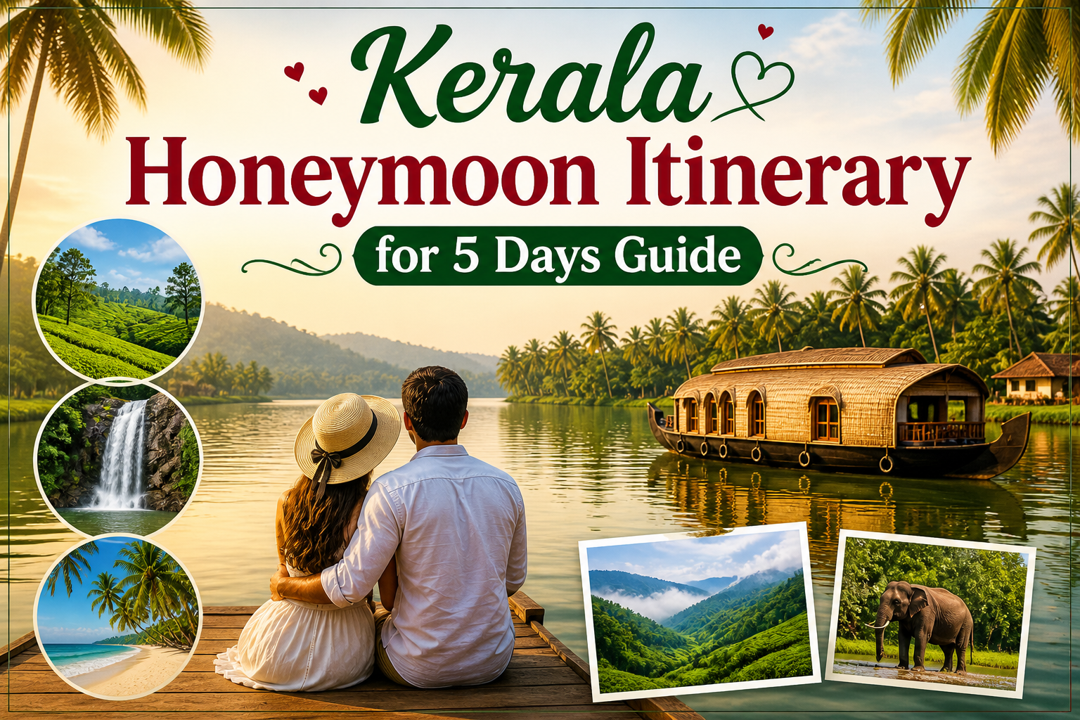 Kerala Honeymoon Itinerary for 5 Days Guide featuring romantic backwaters, houseboat views, and a couple enjoying a serene Kerala landscape.