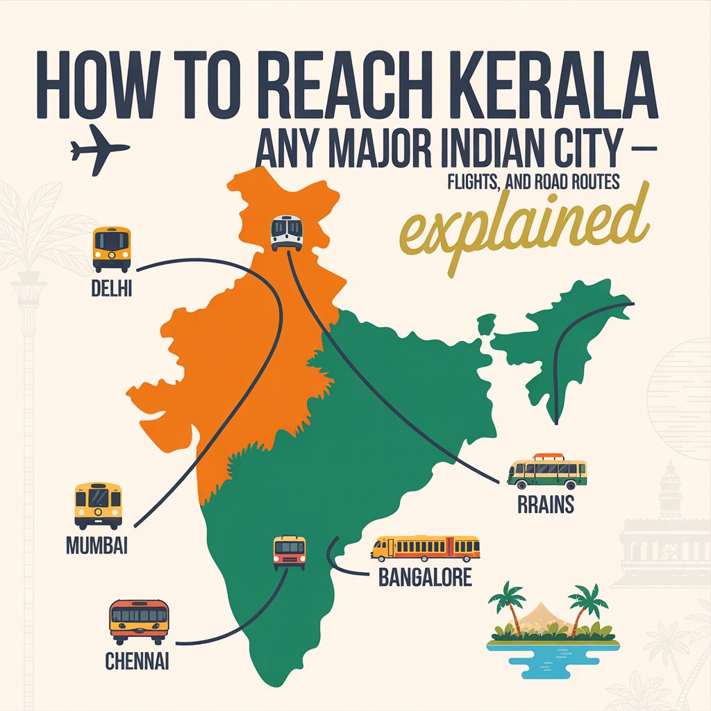 Travel guide showing flights, trains, and road routes connecting major Indian cities to Kerala for easy trip planning.